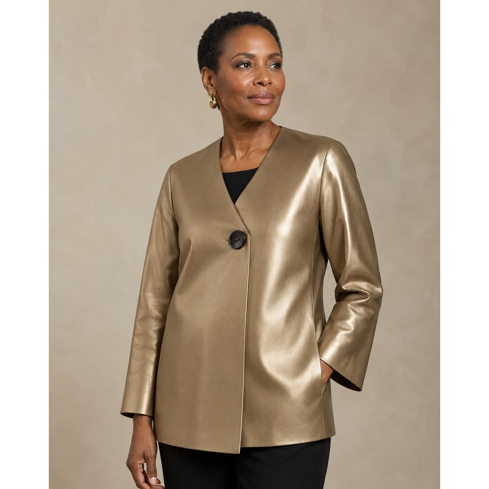 Lafayette 148 New York Metallic Gold Leather Jacket Size 12 Collarless Button